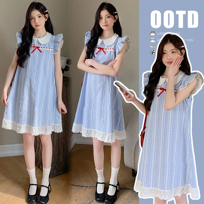 2025孕妇装夏季连衣裙新款韩版宽松显瘦飞飞袖孕妇上衣格子连衣裙
