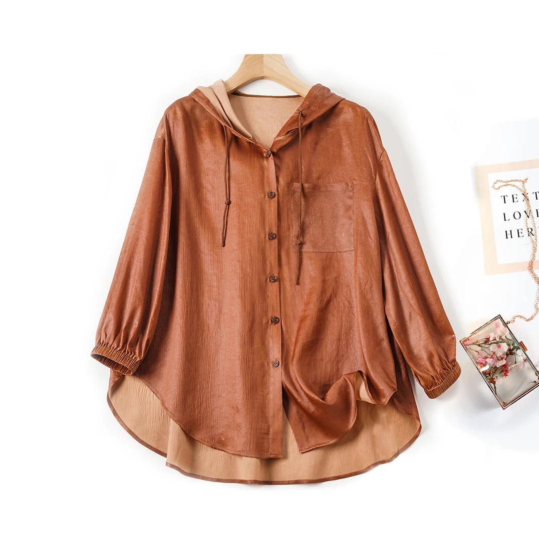 琸娅100%桑蚕丝红云纱顺纡绉新中式高端女装宽松百搭真丝连帽衫