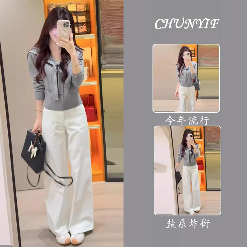 早秋超火穿搭一整套格雷系灰色披肩掐腰针织衫+直筒牛仔裤套装女