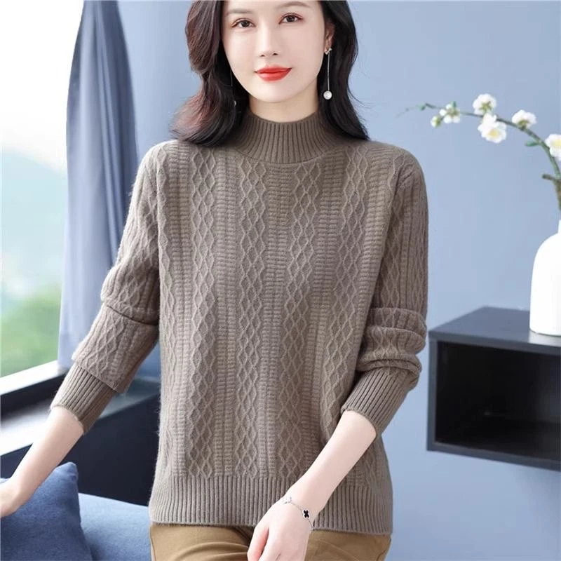 鄂尔多斯市100羊绒衫女秋冬半高领厚宽松大码打底针织羊毛衫毛衣