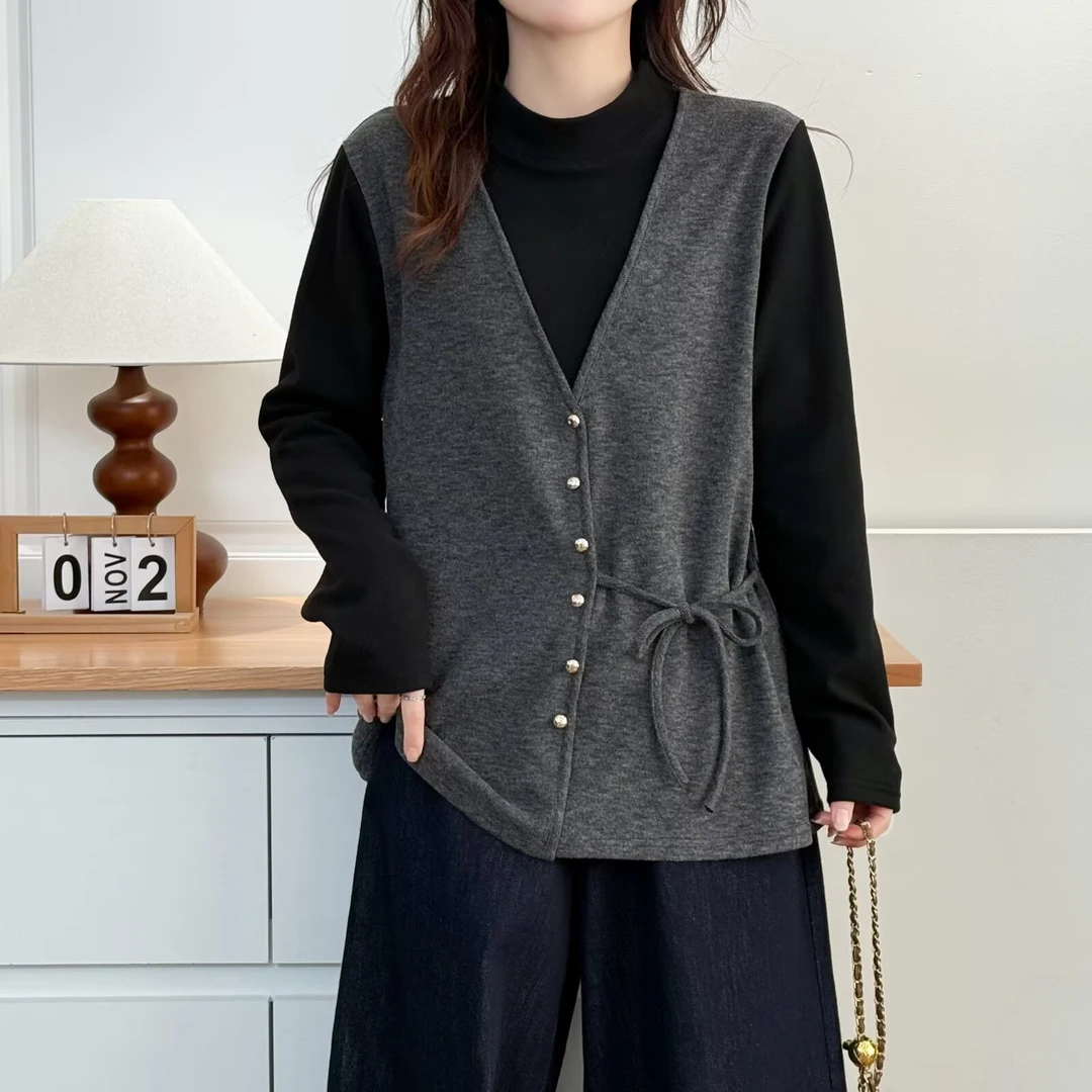 大码女装秋冬新款时尚拼接半高领加绒加厚宽松显瘦内搭t恤上衣女