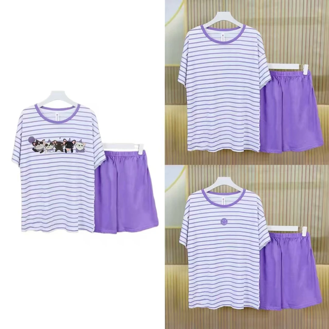 8787-（款式任意）女士（紫+白条纹）双短居家套装