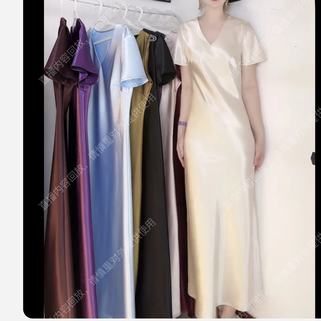 中袖鱼尾裙连衣裙显瘦缎面长裙修身遮肉～带袖裙子