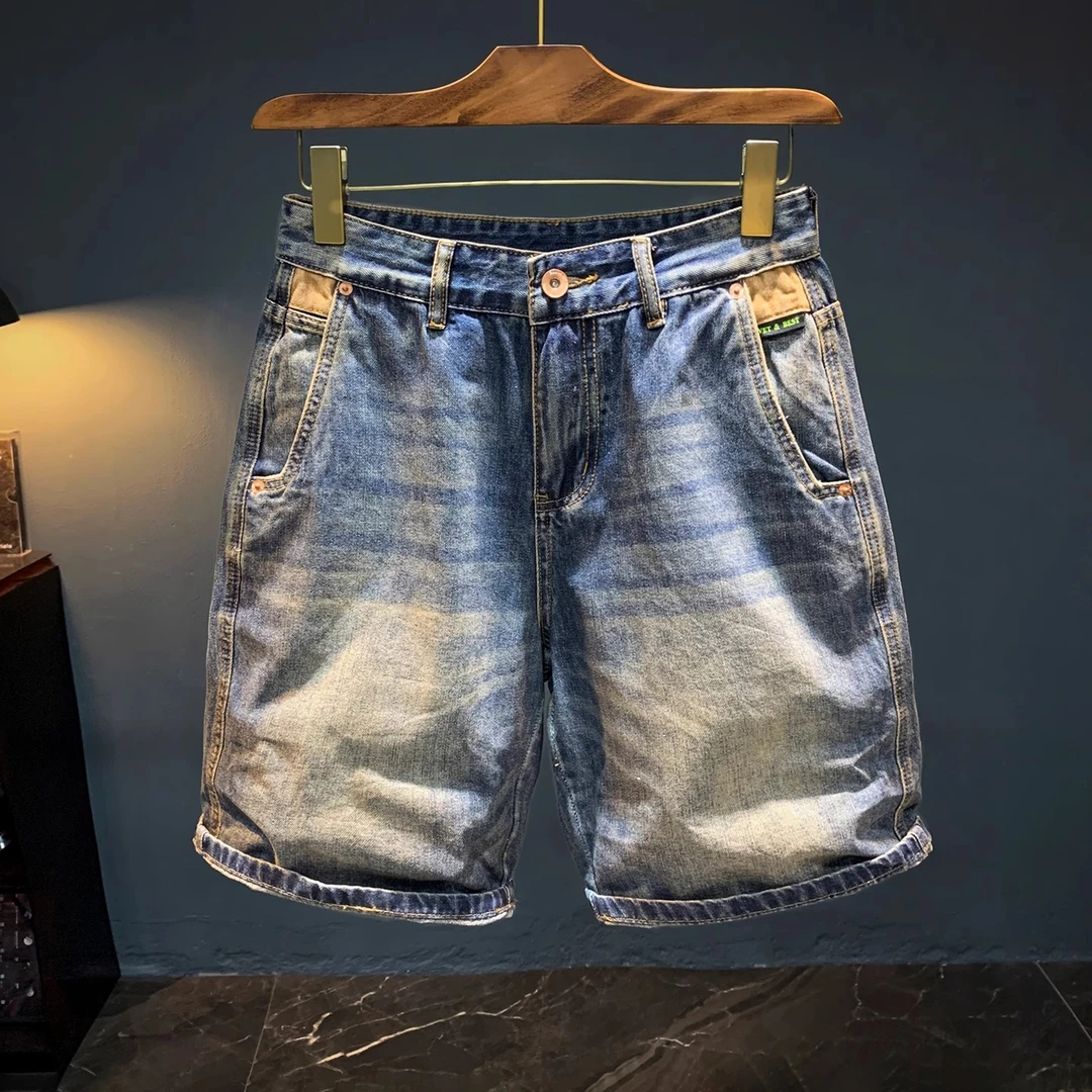 Cebrodz夏薄款牛仔裤短裤男复古做旧个性后袋五分裤欧美风高端裤