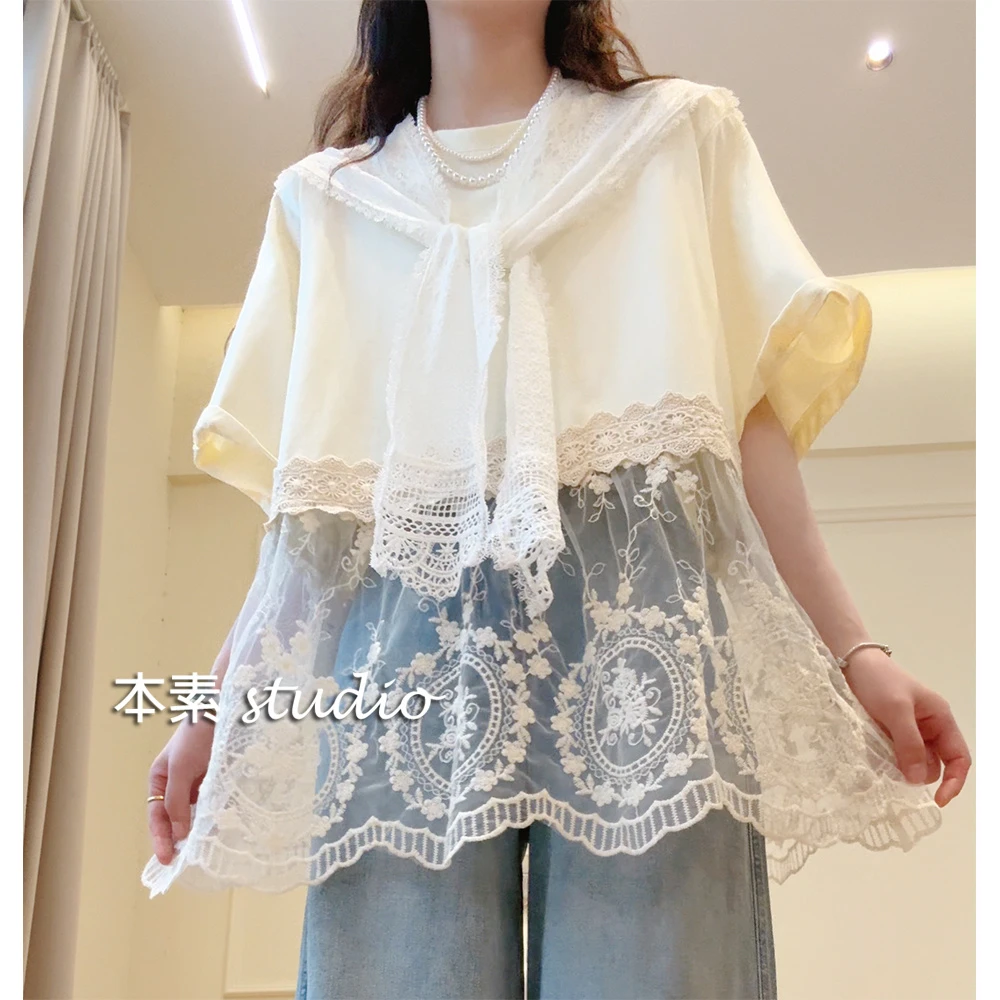 裙边曲奇C4185蕾丝拼接圆领短袖T恤