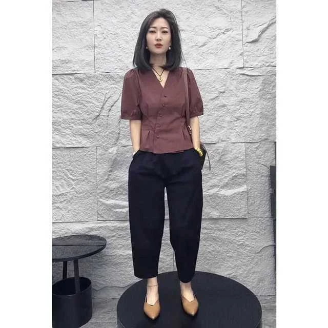 2025夏季新款网红时尚套装女设计感小众短袖衬衫纯色九分裤两件套