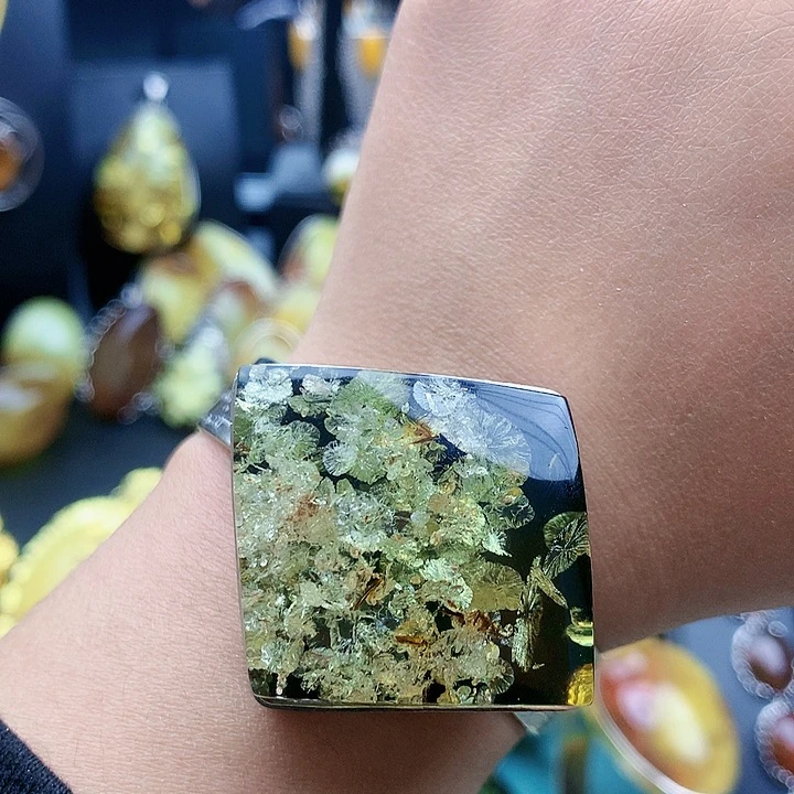 琥珀裸石银S925镶嵌手镯