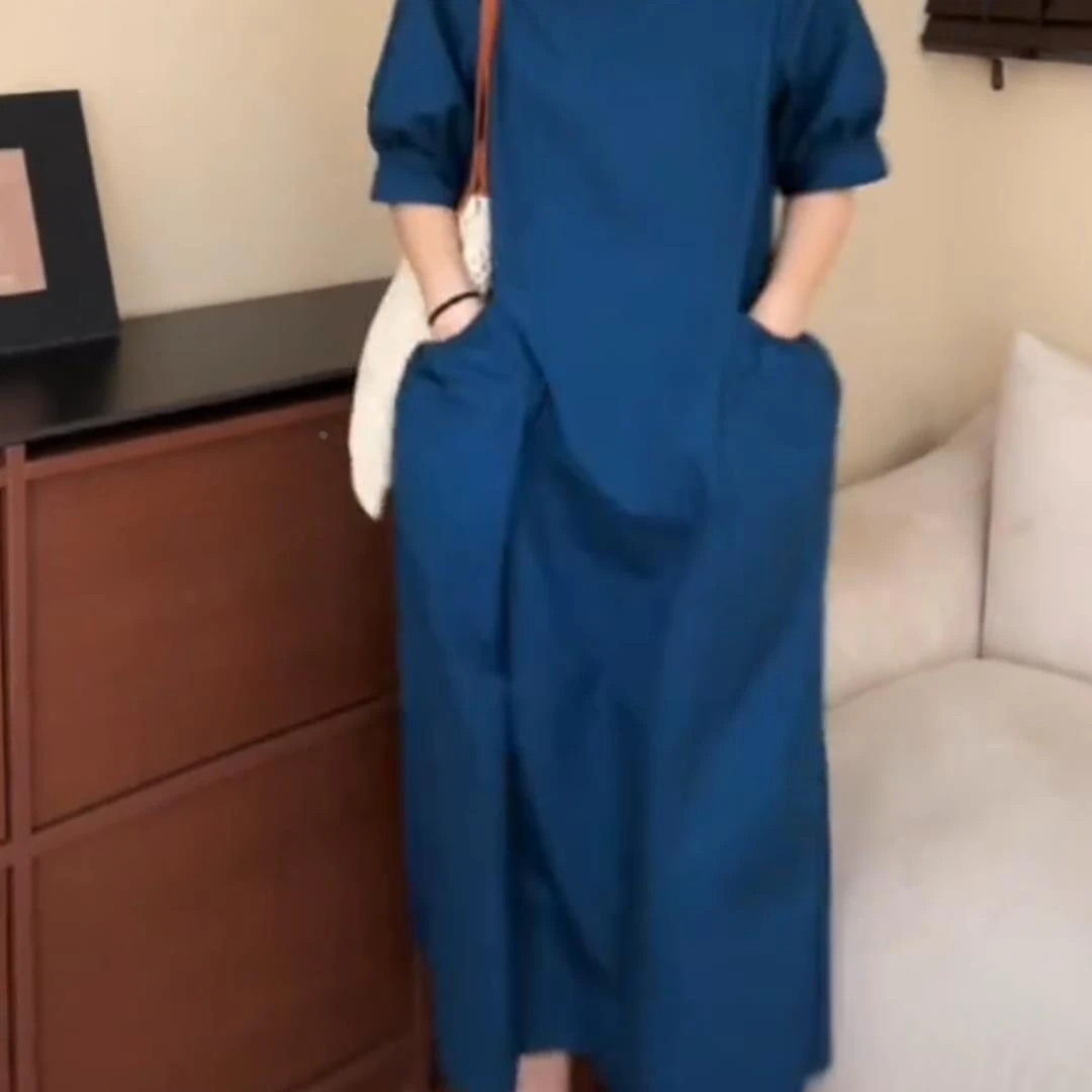 欧玉茗2025夏新款欧货蓝色短袖t恤连衣裙洋气减龄宽松显瘦高级感