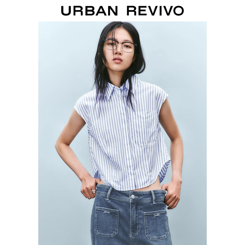 UR2025春季新款女装欧若风撞色条纹Polo领无袖开襟衬衫UYY250013