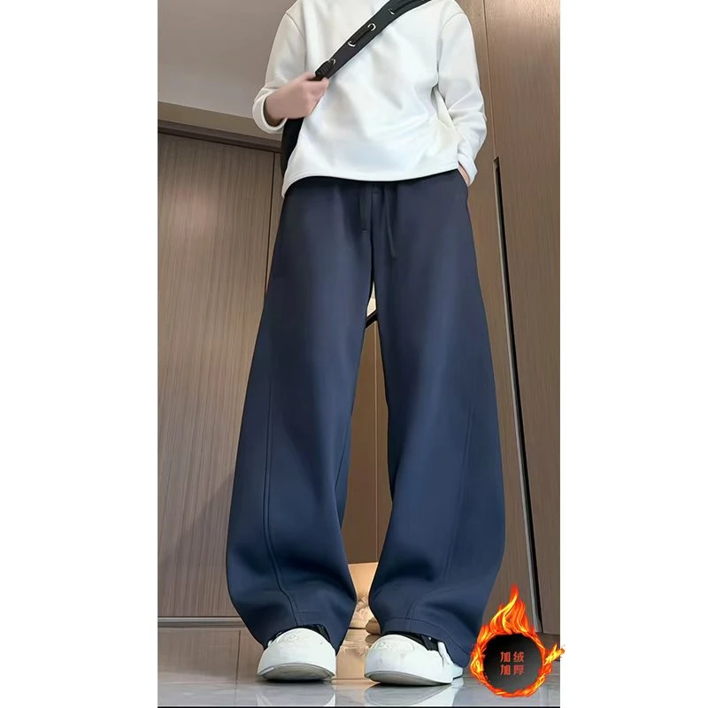 美式潮牌重磅弯刀裤子男秋冬加绒宽松直筒阔腿裤运动裤男情侣卫裤