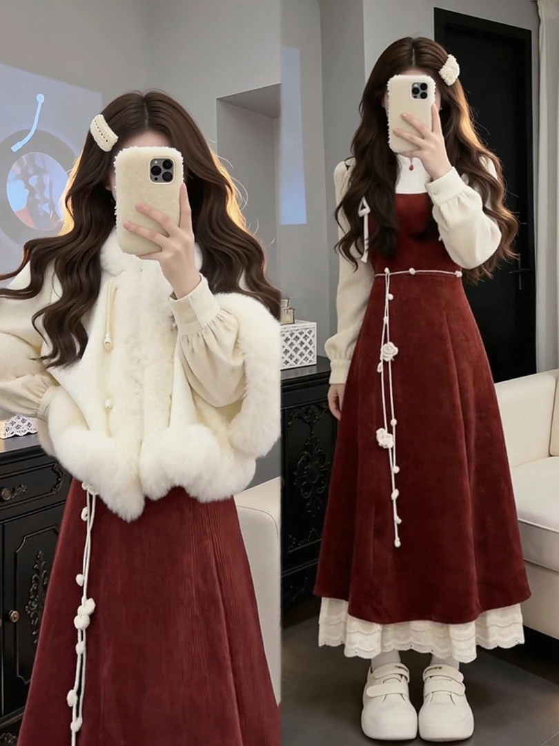 独特漂亮冬装一整套圣诞新年战袍斗篷外套背带连衣裙新中式套装裙