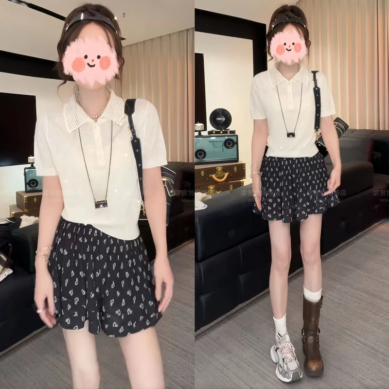 2025夏季时尚韩版POLO领设计感针织T恤上衣百搭碎花半身裙套装女