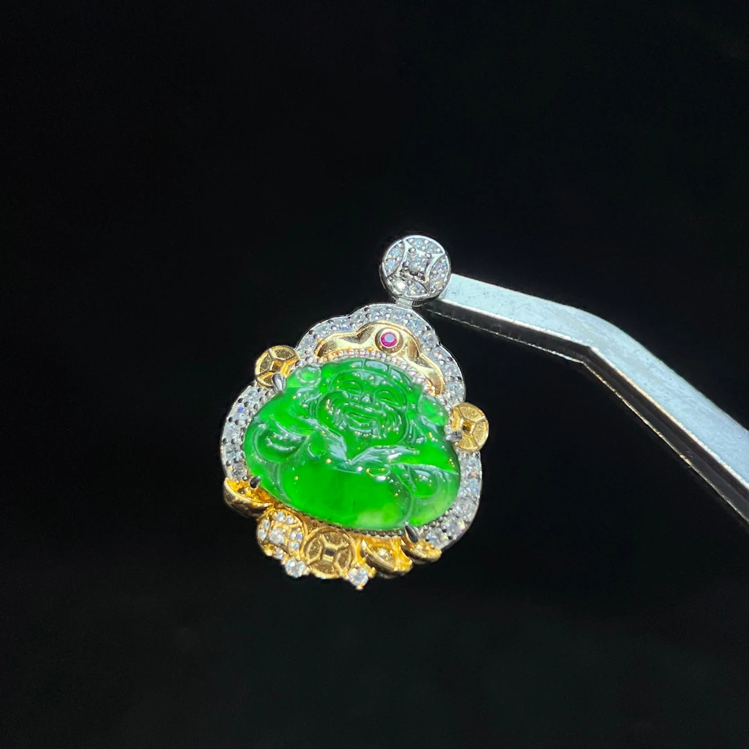 【红旭玉麟】天然翡翠A货满绿财神 多样性发一件