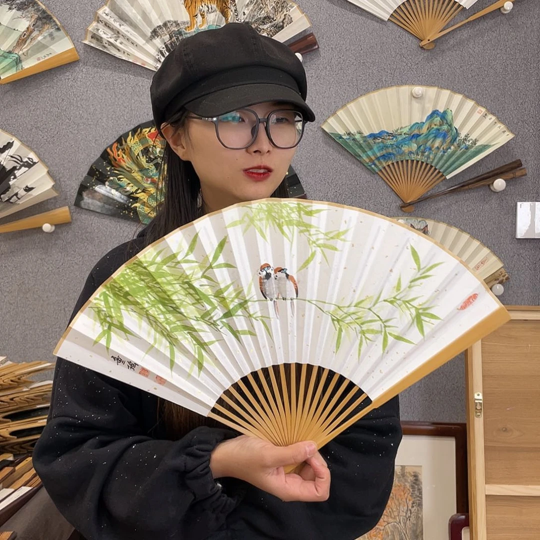 国画95寸玉竹-纯手绘-文玩扇骨（默认粘好）