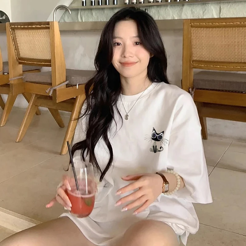 卡通小猫2025新款女款美式白色短袖圆领复古潮流百搭夏季爆款T恤