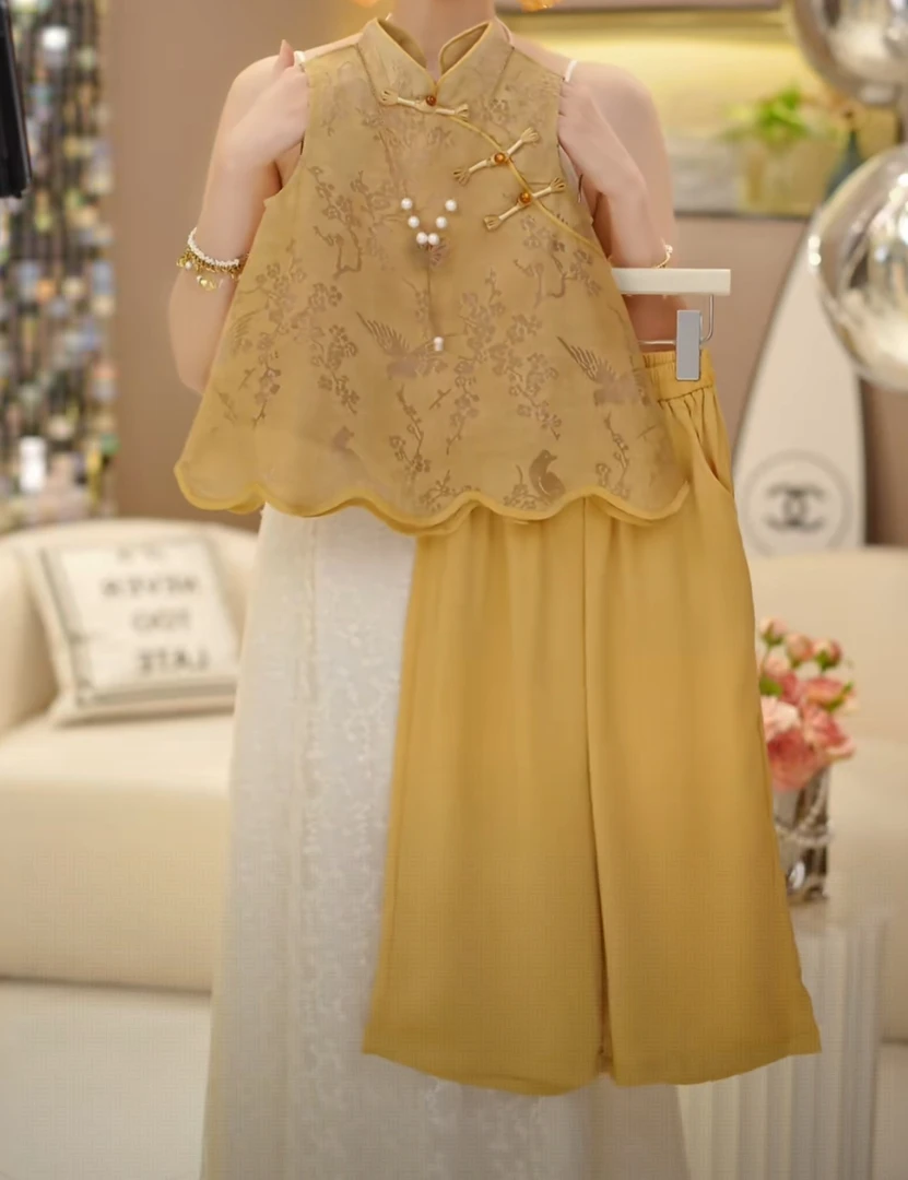 2025女童新中式盘扣背心裙夏季新款套装长裤时尚休闲好看儿童复古