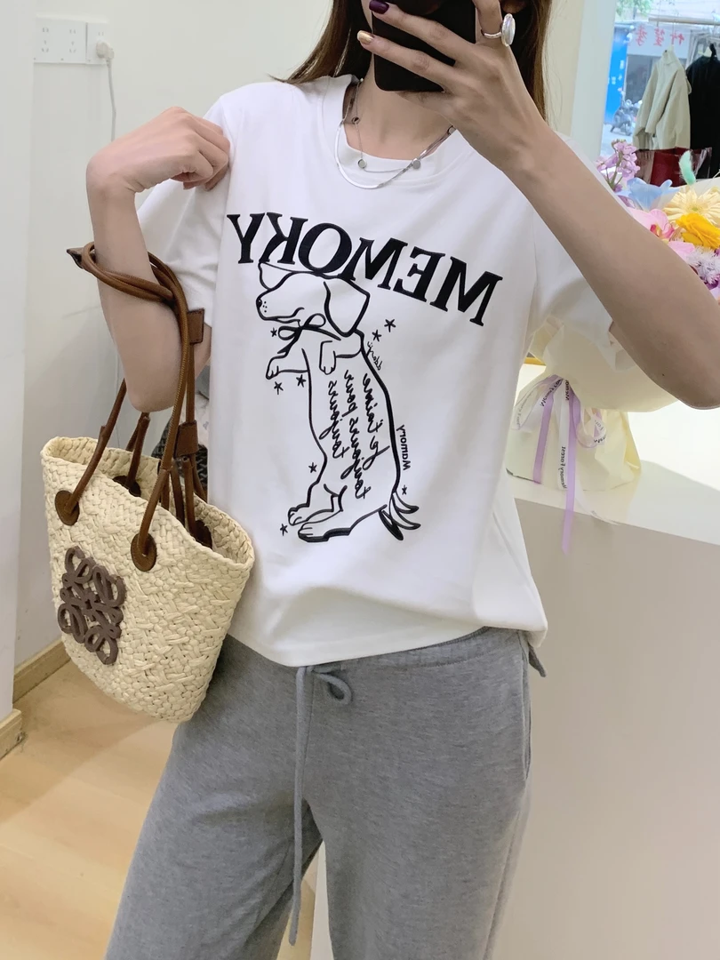 夏季新款百搭休闲腊肠小狗爆款女百搭2025宽松潮流圆领设计感D4