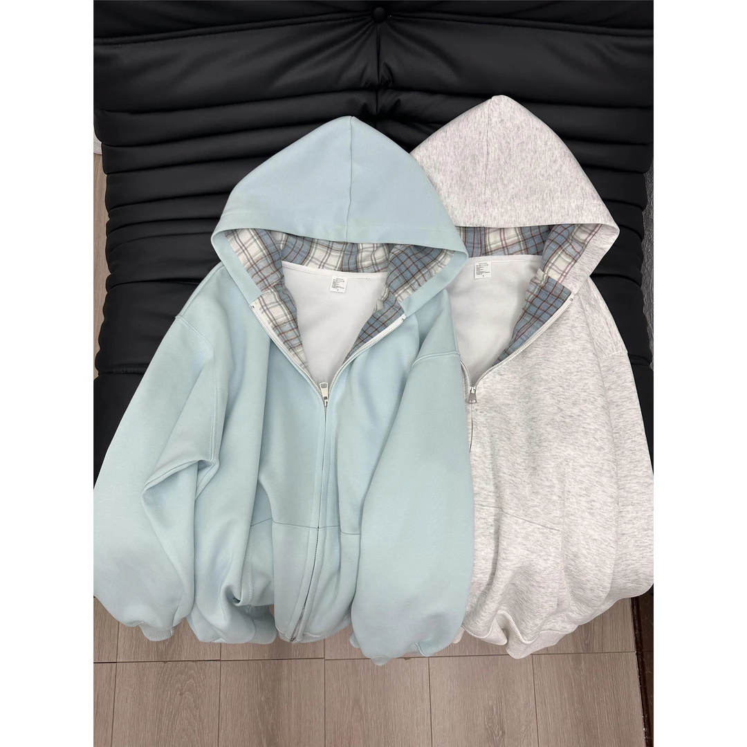 格子连帽蓝色开衫外套男女春秋休闲小众韩系卫衣cleanfit情侣夹克
