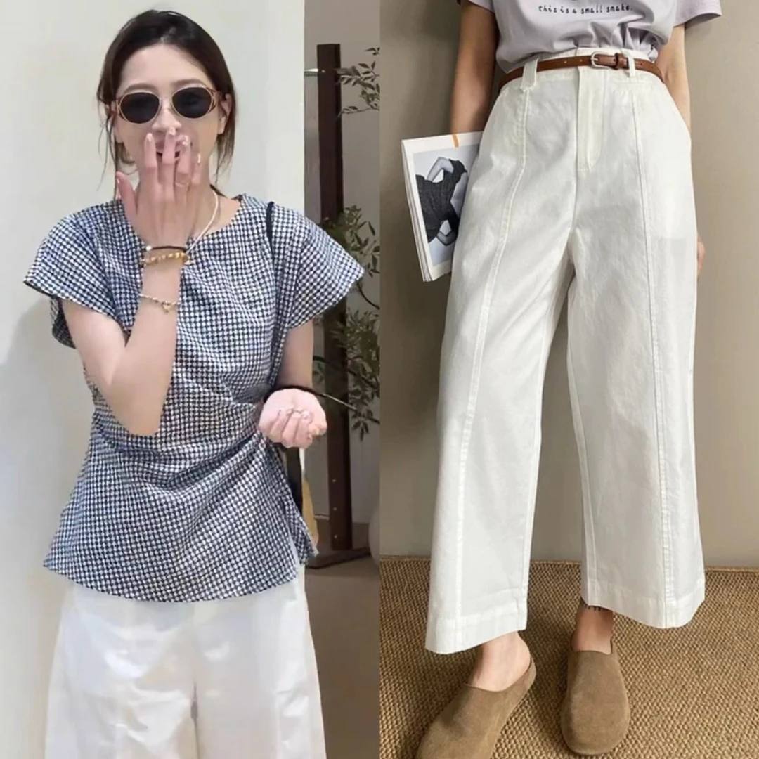 今年流行夏季两件套女装格子收腰小衫九分阔腿裤时尚巨好看套装