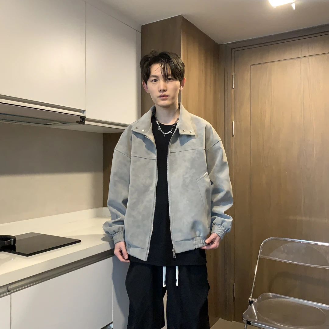 【现货现发】春秋扎染PU皮美式复古翻领皮衣夹克宽松百搭情侣外套男