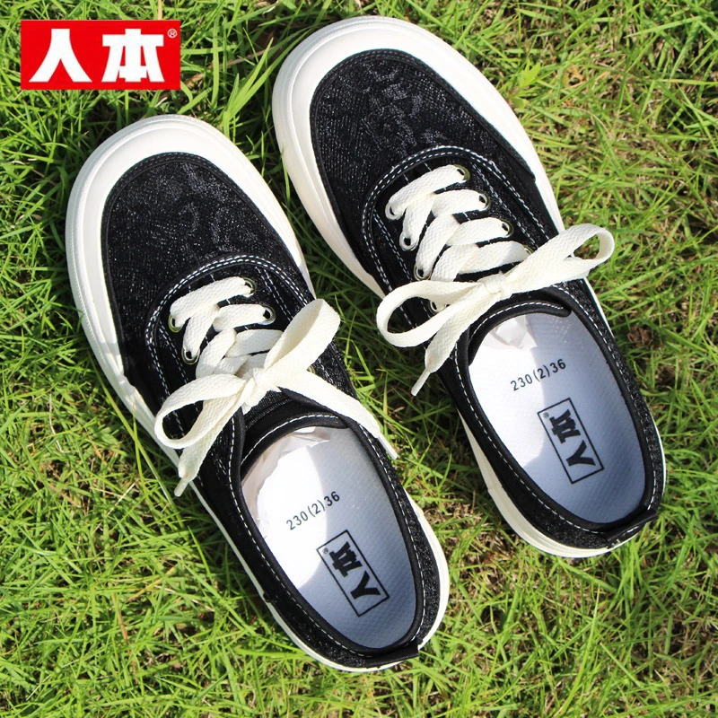 人本蕾丝网面帆布鞋女2025夏季新款透气休闲网鞋黑色薄款工作鞋子