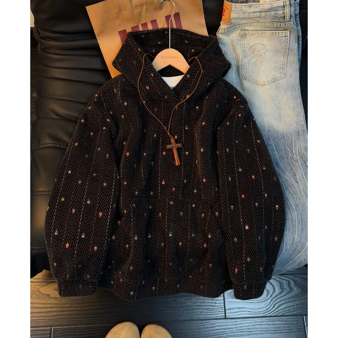 美式民族风刺绣针织卫衣男秋冬连帽加厚保暖彩色条纹情侣重磅外套