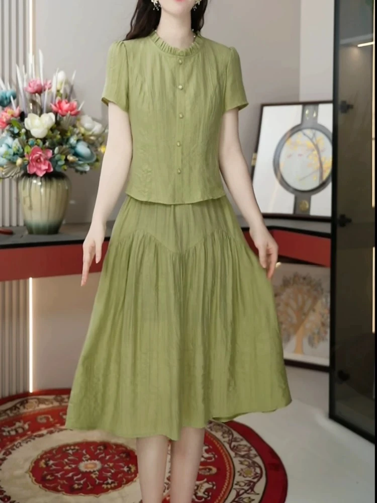 X0568 夏季气质连衣裙女显瘦收腰时尚减龄遮肉绿色修身连衣裙