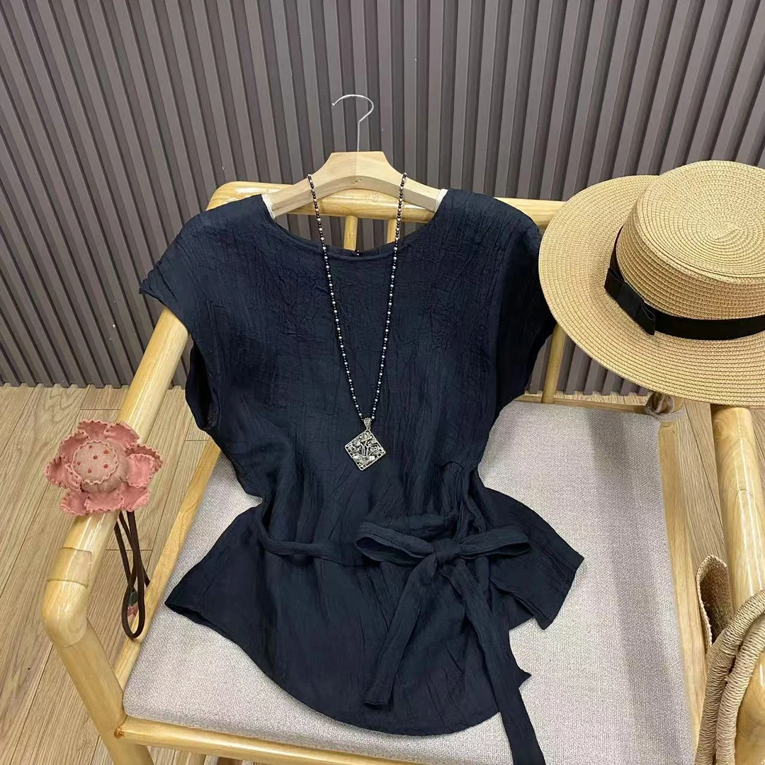 天丝苎麻褶皱肌理感无袖小衫绑带收腰设计感简约套头T恤女T88630
