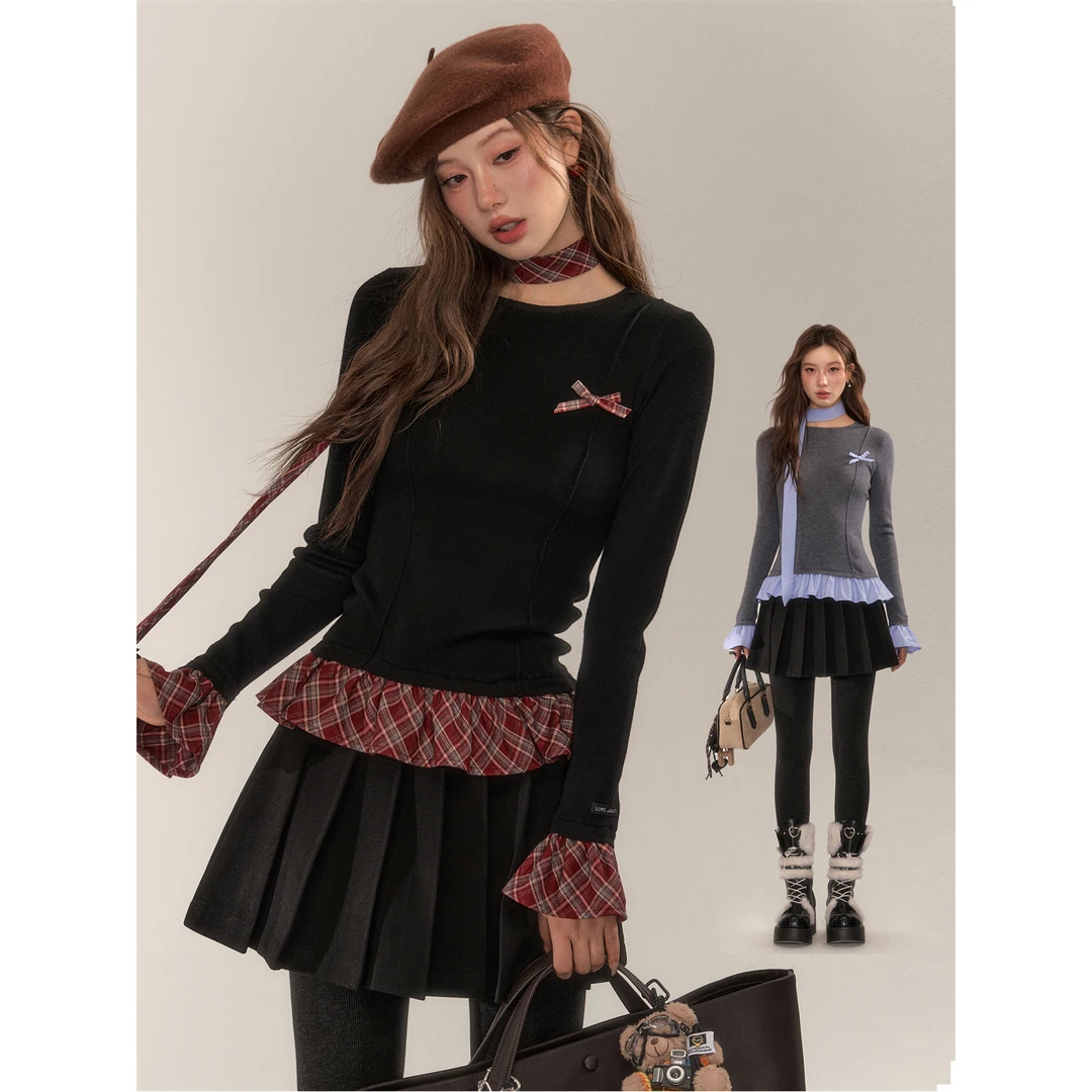 【反季清清福利】AsGony复古格纹荷叶边撞色蝴蝶结打底T恤