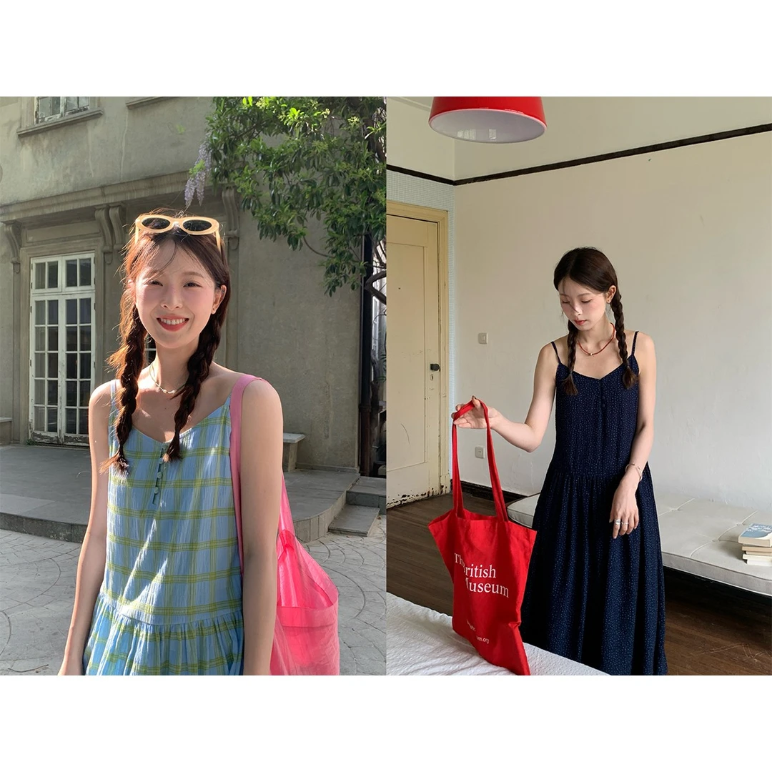 RAINY 日系复古森系吊带连衣裙夏季女宽松波点格纹长款度假风裙子