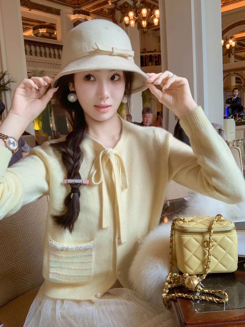 鱼兔子的兔子100%羊毛蝴蝶结针织开衫女2025新款毛衣高级内搭上衣