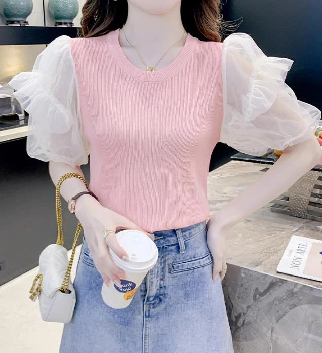 夏季新款圆领超仙拼接网纱针织小衫洋气女泡泡袖雪纺拼接上衣