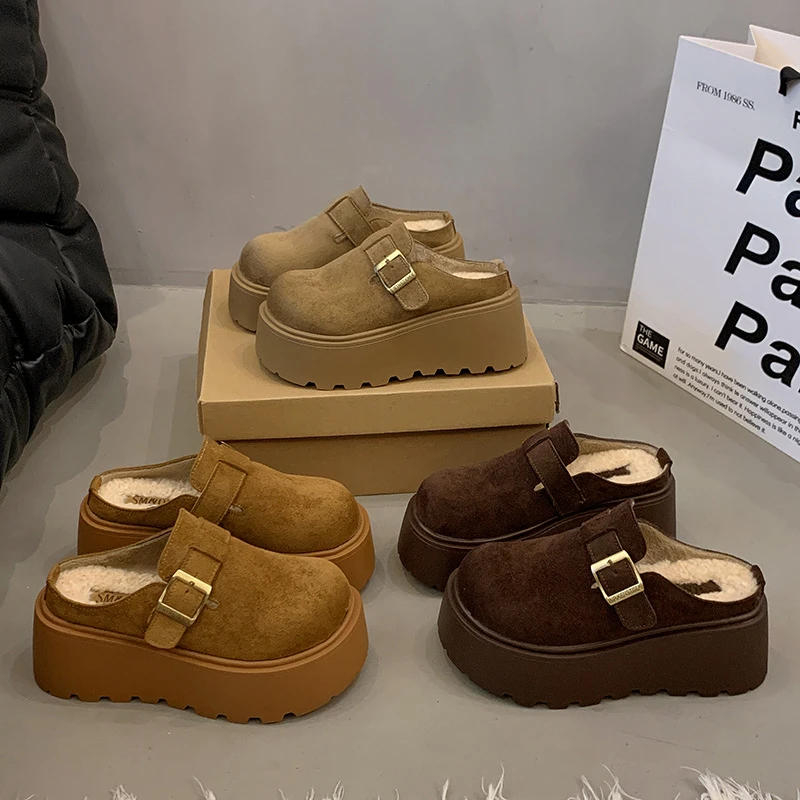 厚底勃肯鞋女秋冬加绒外穿包头半拖鞋2025新款一脚蹬增高大头棉拖