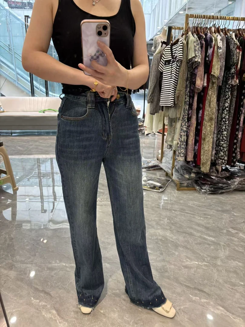 【丽丽家】秋季时尚重工钉珠显瘦牛仔直筒裤5953