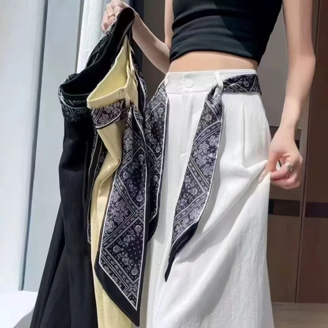 【现货+运费险+飘带】钛金棉麻西装阔腿裤女新款系带高腰直筒7778