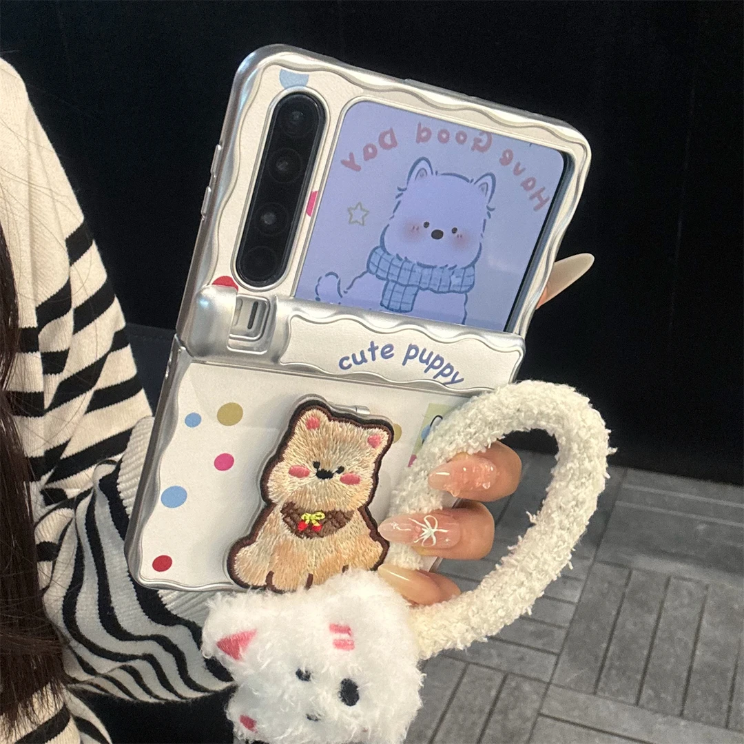 适用华为purax折叠屏手机壳彩色皮质PuraX波点刺绣小狗折叠支架女