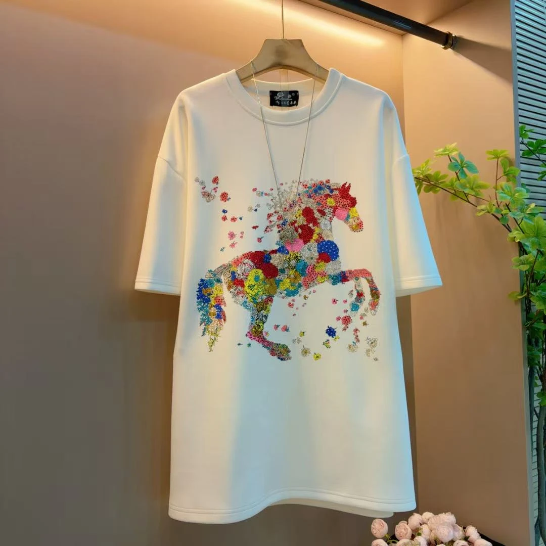 新款韩版彩色小马图案休闲百搭显瘦遮肉时尚上衣（衣长78左右）