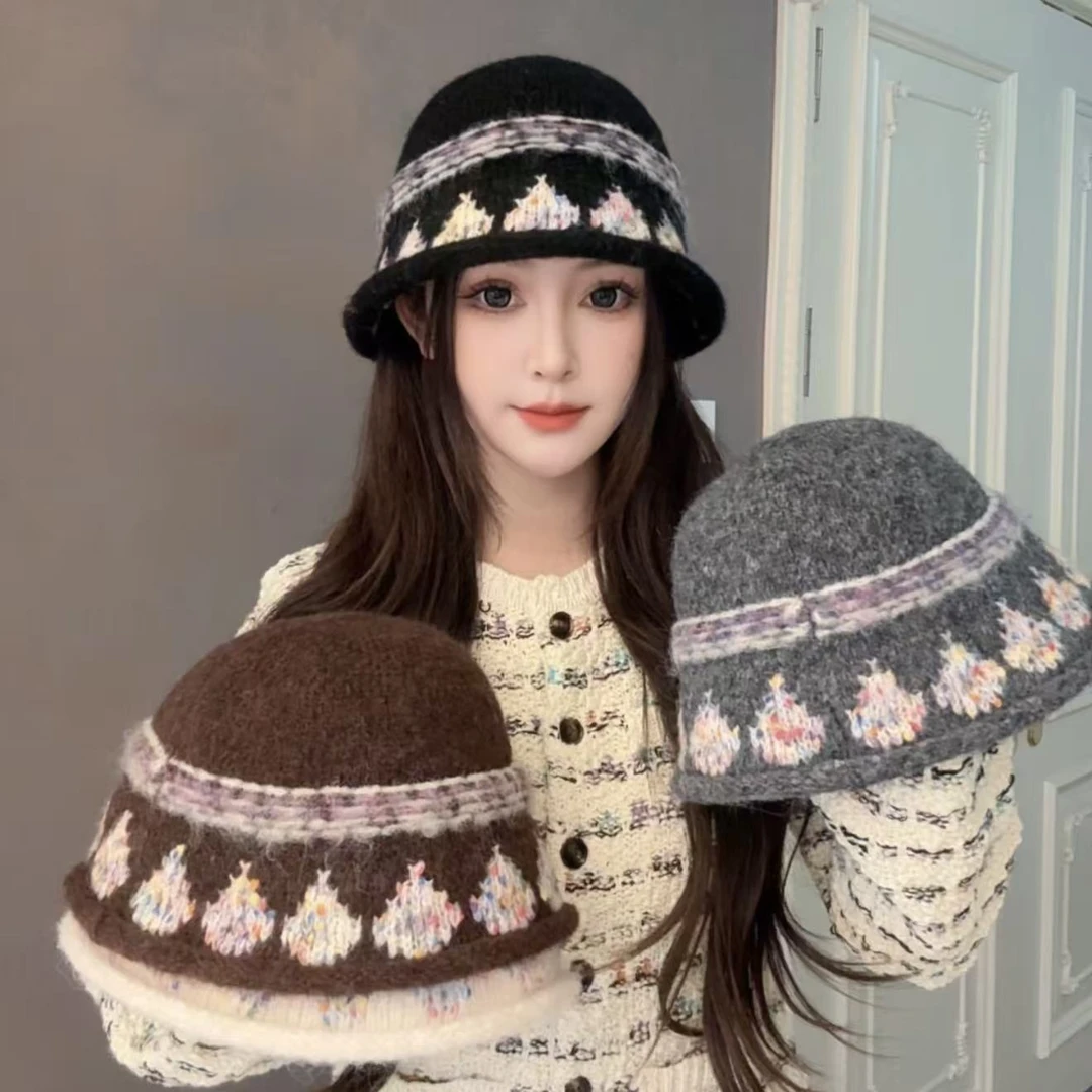 韩版小卷边提花渔夫帽费尔岛复古提花卷边针织渔夫帽防寒毛线盆帽