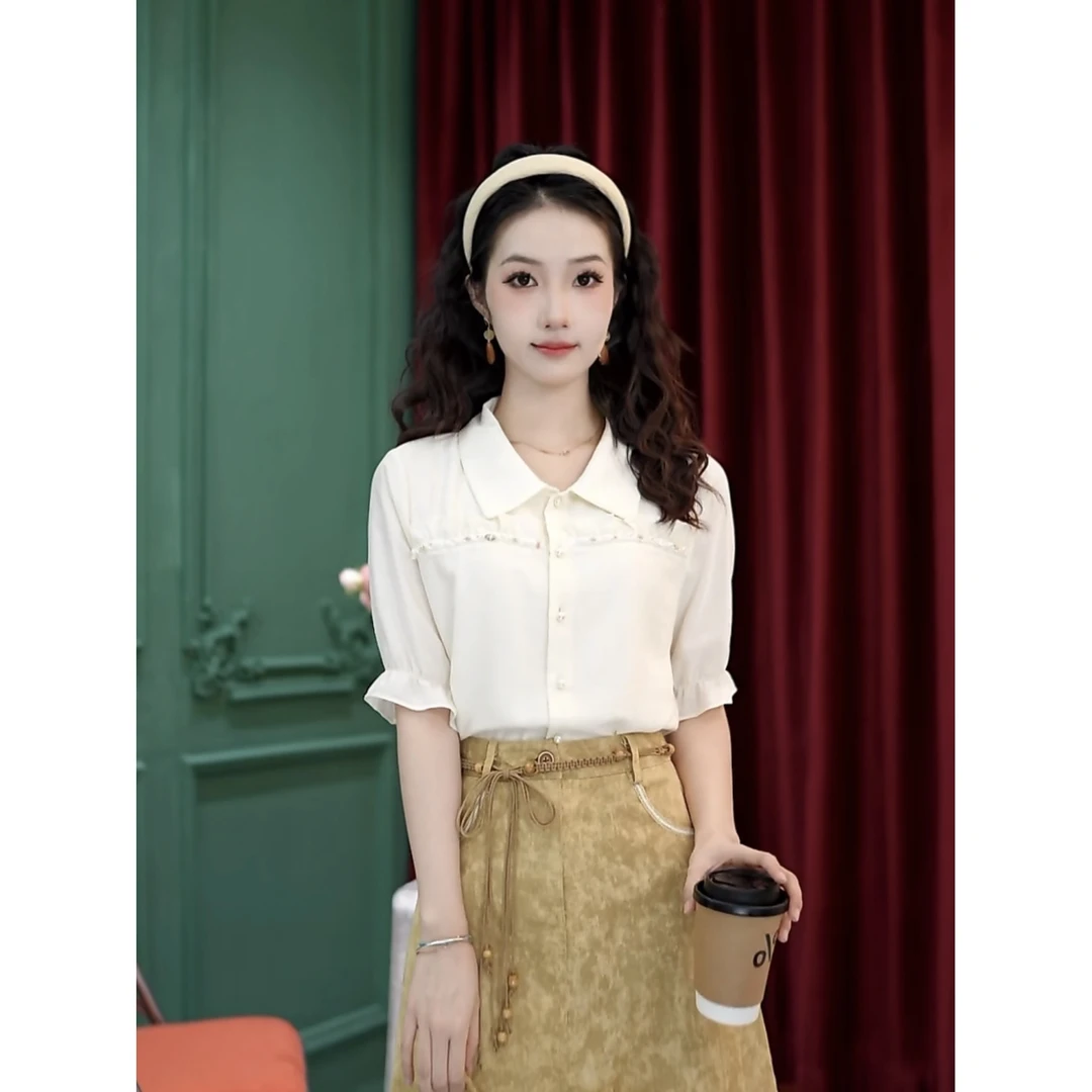 小小复古  【谷岚】25年新款气质百搭夏季短袖小众设计款衬衫#7992