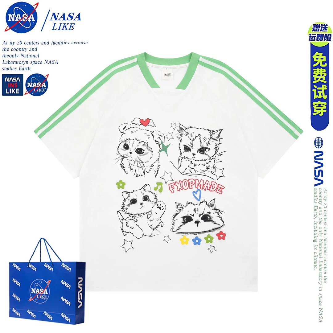 NASA涂鸦猫咪拼接撞色短袖t恤女夏季宽松运动风球衣球服半袖上衣
