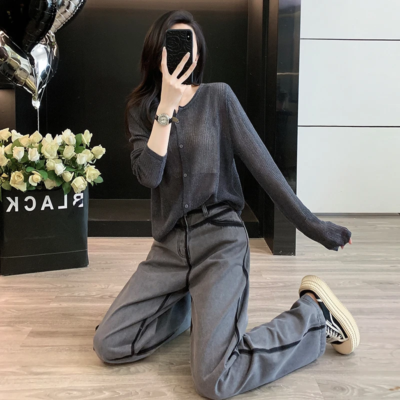 气质薄款镂空长袖针织衫套装夏季显瘦休闲直筒阔腿牛仔裤两件套女