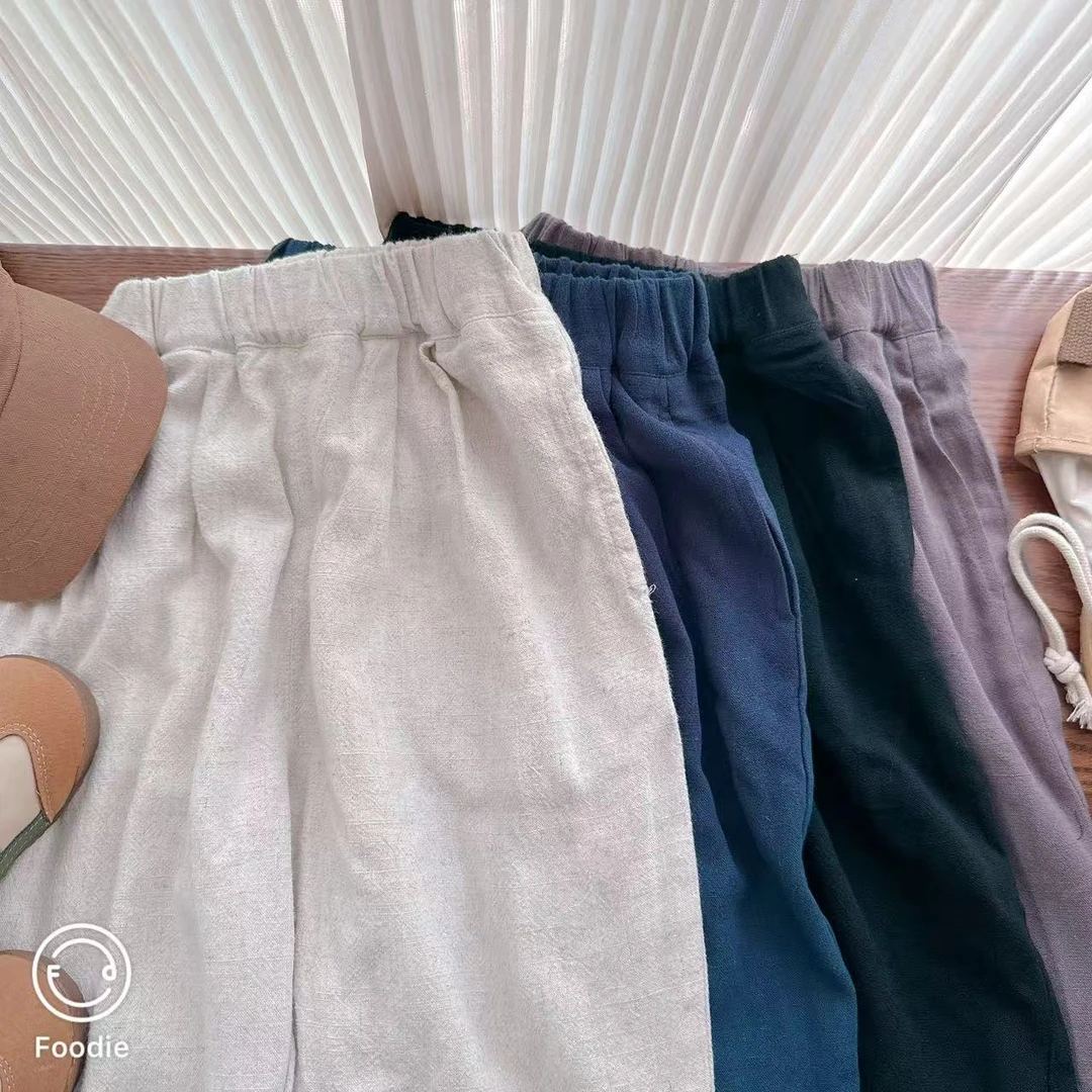 【JMJQ 25665】夏季中小童薄款舒适休闲花纱混纺亚麻垂感透气长裤