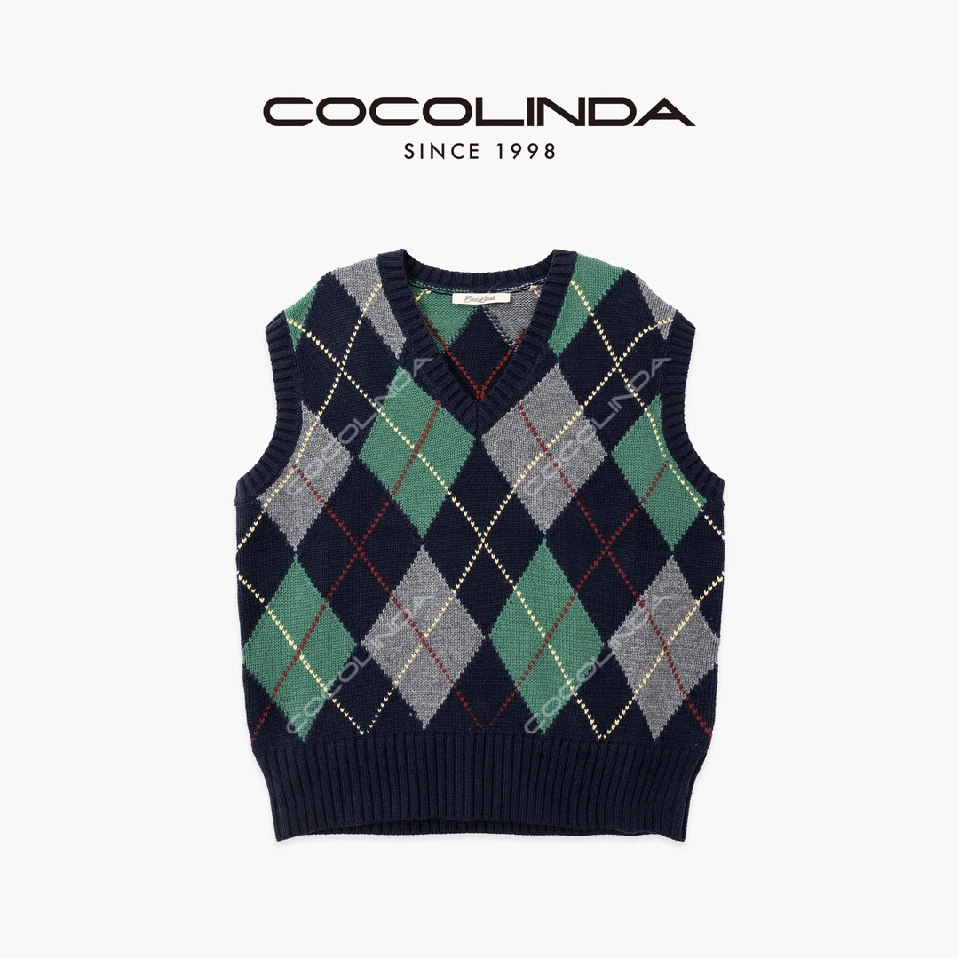 COCOLINDA |绵羊毛5针男女CP菱形格英伦老钱风V领厚款毛衫S5177