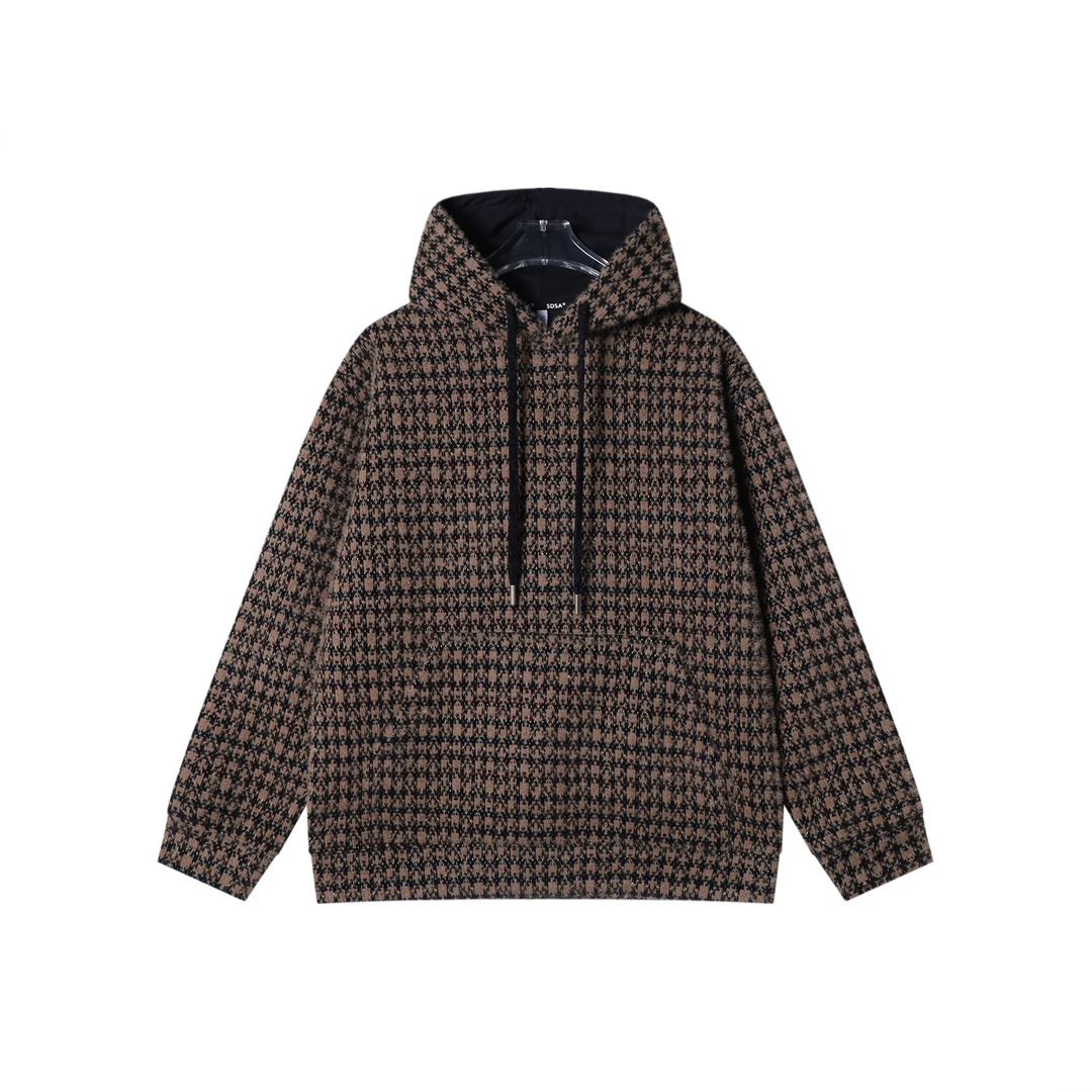 SDSA男士秋冬新款痞帅男装宽松格子绒毛抽绳连帽卫衣百搭时尚上衣