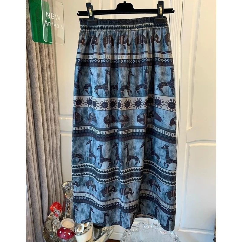 K00314度假风大象印花高腰直筒缎面半身裙子时尚显瘦半裙女夏新款