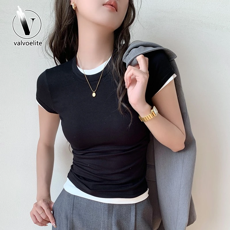 VALVOELITE正肩短袖t恤女夏装时尚修身撞色假两件收腰内搭上衣女