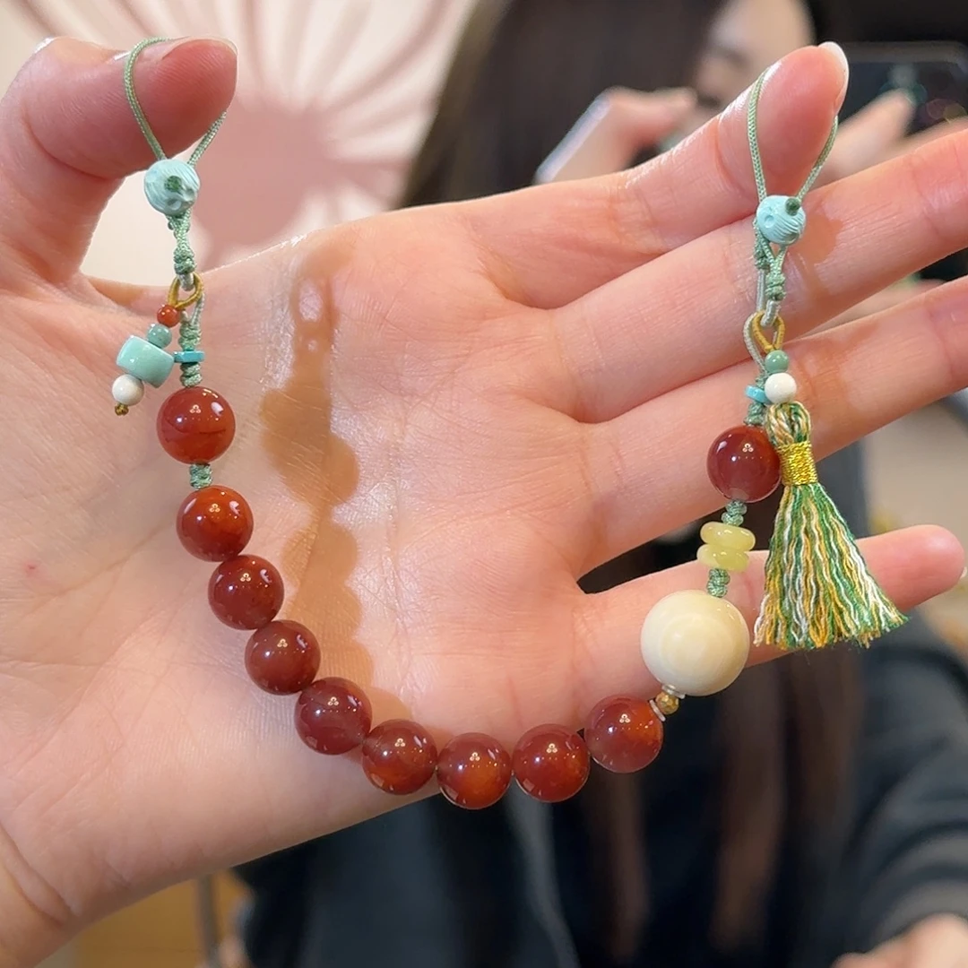 南红玛瑙18K金镶嵌车挂双头手机链