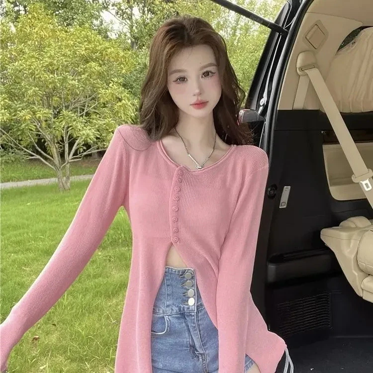不规则开叉粉色针织衫女夏季新款设计感小众甜辣妹上衣修身打底衫