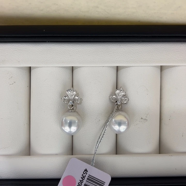 海水珍珠上新澳白枫叶耳坠10-11mm银S925镶嵌