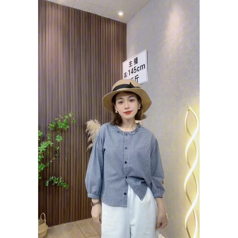 2025小个子小格子花边衬衫春夏新款时尚百搭文艺休闲七分袖上衣